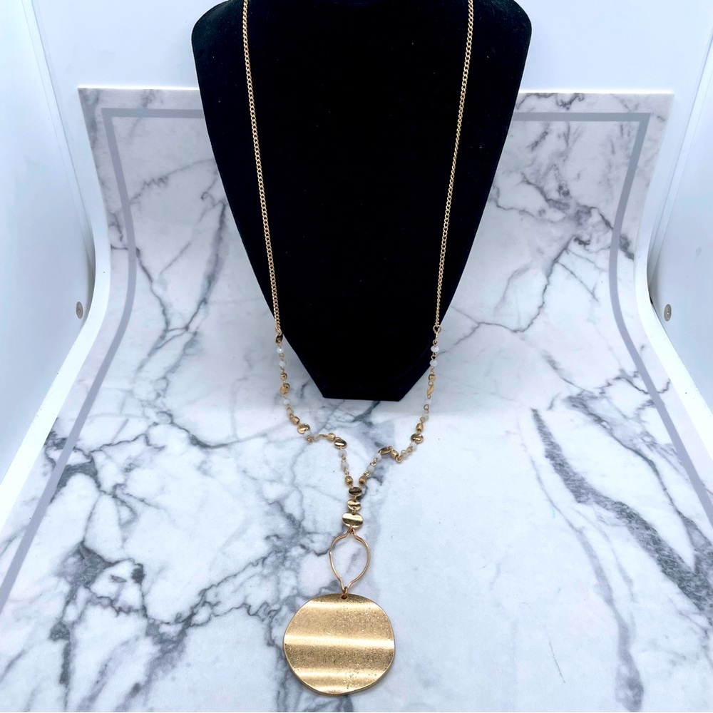 New envy Jade & Jasper Gold Tone Necklace Long Chain Circle Pendant
